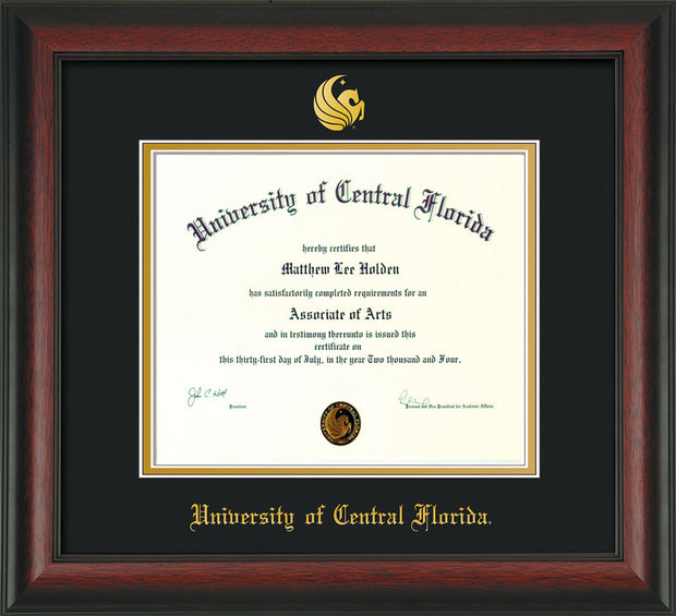 Image of University of Central Florida Diploma Frame - Rosewood - w/Embossed UCF Seal & Name - Black on Gold mat