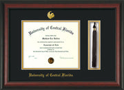 Image of University of Central Florida Diploma Frame - Rosewood - w/Embossed UCF Seal & Name - Tassel Holder - Black on Gold mat