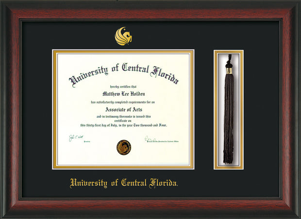 Image of University of Central Florida Diploma Frame - Rosewood - w/Embossed UCF Seal & Name - Tassel Holder - Black on Gold mat