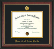 Image of University of Central Florida Diploma Frame - Rosewood w/Gold Lip - w/Embossed UCF Seal & Name - Black on Gold mat