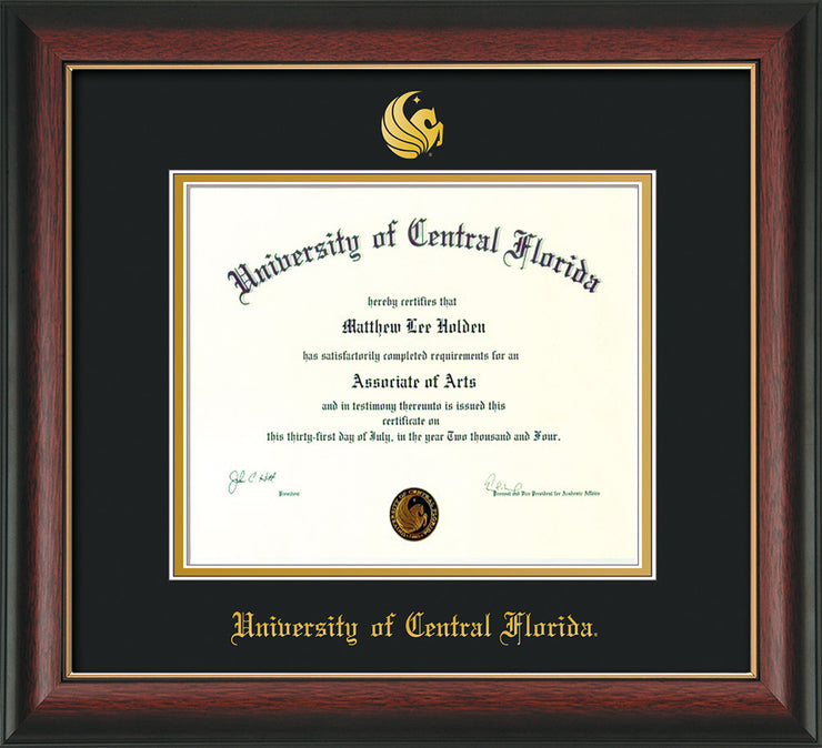 Image of University of Central Florida Diploma Frame - Rosewood w/Gold Lip - w/Embossed UCF Seal & Name - Black on Gold mat