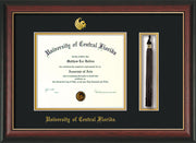 Image of University of Central Florida Diploma Frame - Rosewood w/Gold Lip - w/Embossed UCF Seal & Name - Tassel Holder - Black on Gold mat