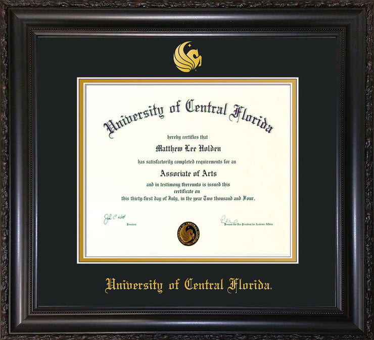 Image of University of Central Florida Diploma Frame - Rosewood w/Gold Lip - w/Embossed UCF Seal & Name - Black on Gold mat