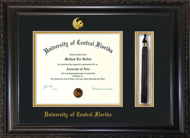 Image of University of Central Florida Diploma Frame - Vintage Black Scoop - w/Embossed UCF Seal & Name - Tassel Holder - Black on Gold mat