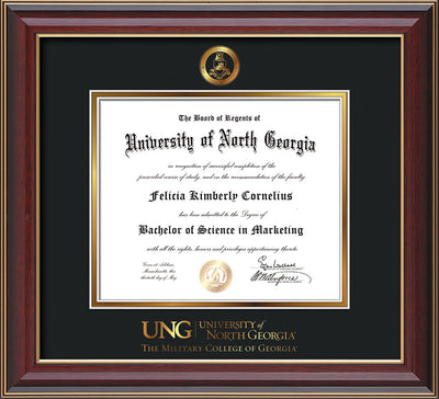 Image of University of North Georgia Diploma Frame - Cherry Lacquer - w/Embossed Military Seal & Military Wordmark - Black on Gold mat