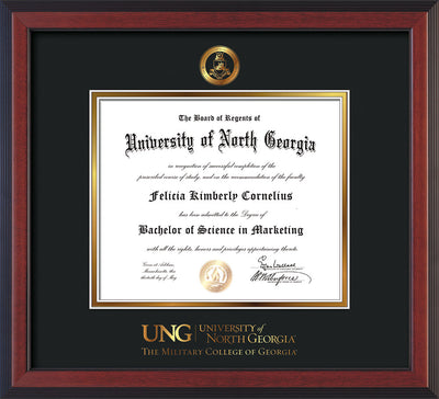 Image of University of North Georgia Diploma Frame - Cherry Reverse - w/Embossed Military Seal & Military Wordmark - Black on Gold mat
