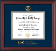Image of University of North Georgia Diploma Frame - Cherry Reverse - w/Embossed Military Seal & Military Wordmark - Navy on Gold mat