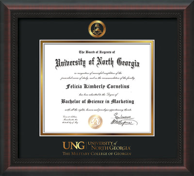 Image of University of North Georgia Diploma Frame - Mahogany Braid - w/Embossed Military Seal & Military Wordmark - Black on Gold mat