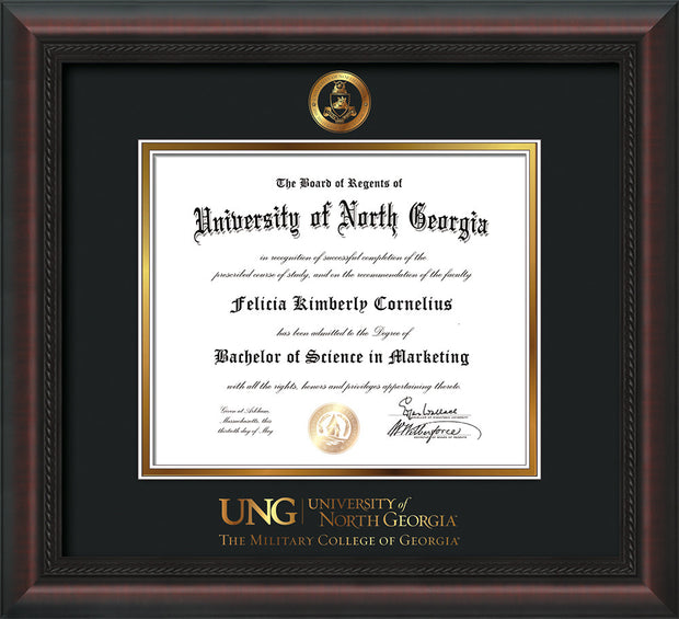 Image of University of North Georgia Diploma Frame - Mahogany Braid - w/Embossed Military Seal & Military Wordmark - Black on Gold mat