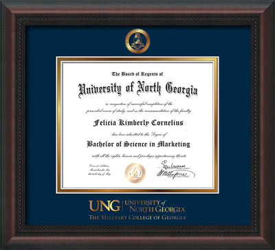 Image of University of North Georgia Diploma Frame - Mahogany Braid - w/Embossed Military Seal & Military Wordmark - Navy on Gold mat