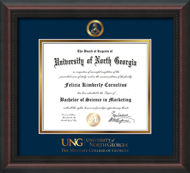 Image of University of North Georgia Diploma Frame - Mahogany Braid - w/Embossed Military Seal & Military Wordmark - Navy on Gold mat