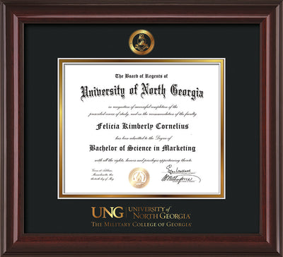 Image of University of North Georgia Diploma Frame - Mahogany Lacquer - w/Embossed Military Seal & Military Wordmark - Black on Gold mat