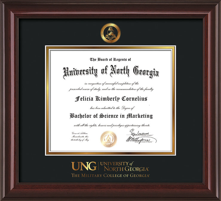 Image of University of North Georgia Diploma Frame - Mahogany Lacquer - w/Embossed Military Seal & Military Wordmark - Black on Gold mat