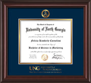 Image of University of North Georgia Diploma Frame - Mahogany Lacquer - w/Embossed Military Seal & Military Wordmark - Navy on Gold mat