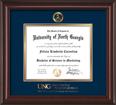 Image of University of North Georgia Diploma Frame - Mahogany Lacquer - w/Embossed Military Seal & Military Wordmark - Navy on Gold mat