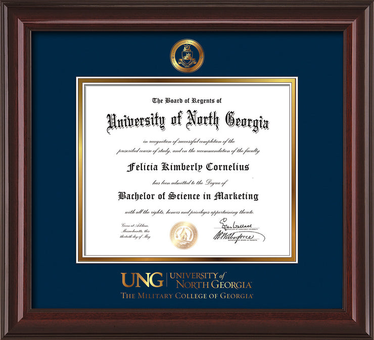 Image of University of North Georgia Diploma Frame - Mahogany Lacquer - w/Embossed Military Seal & Military Wordmark - Navy on Gold mat