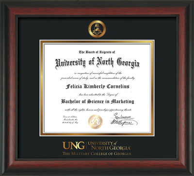 Image of University of North Georgia Diploma Frame - Rosewood - w/Embossed Military Seal & Military Wordmark - Black on Gold mat