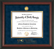 Image of University of North Georgia Diploma Frame - Mahogany Lacquer - w/24k Gold-Plated Military Medallion & Military Wordmark Embossing - Navy Suede on Gold mats