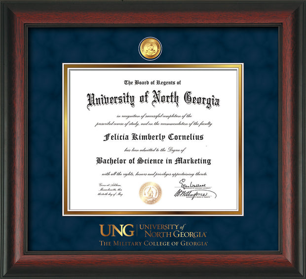 Image of University of North Georgia Diploma Frame - Mahogany Lacquer - w/24k Gold-Plated Military Medallion & Military Wordmark Embossing - Navy Suede on Gold mats