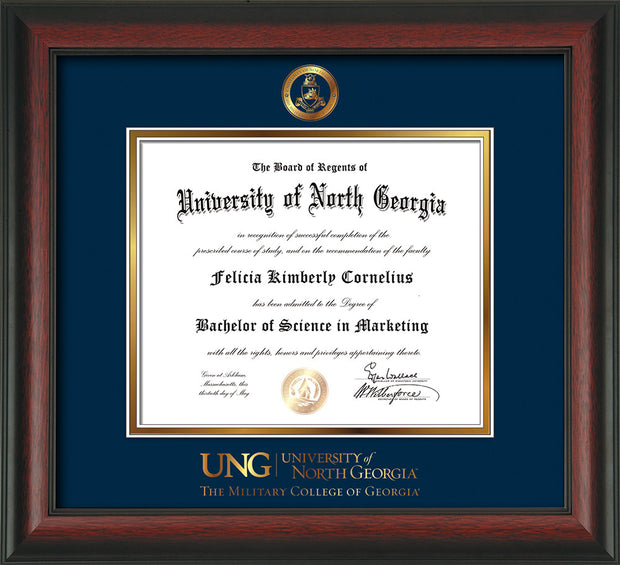 Image of University of North Georgia Diploma Frame - Rosewood - w/Embossed Military Seal & Military Wordmark - Navy on Gold mat