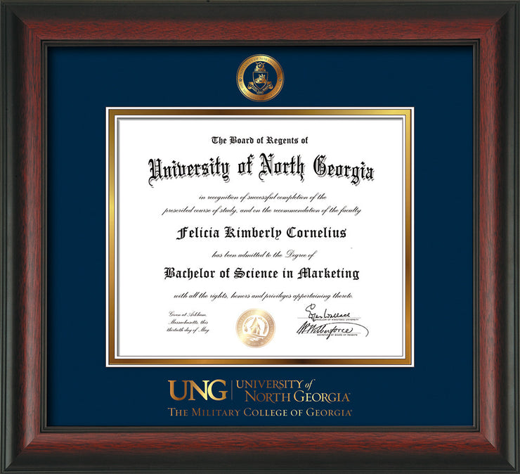 Image of University of North Georgia Diploma Frame - Rosewood - w/Embossed Military Seal & Military Wordmark - Navy on Gold mat