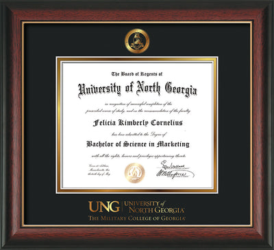 Image of University of North Georgia Diploma Frame - Rosewood w/Gold Lip - w/Embossed Military Seal & Military Wordmark - Black on Gold mat