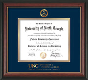 Image of University of North Georgia Diploma Frame - Rosewood w/Gold Lip - w/Embossed Military Seal & Military Wordmark - Navy on Gold mat