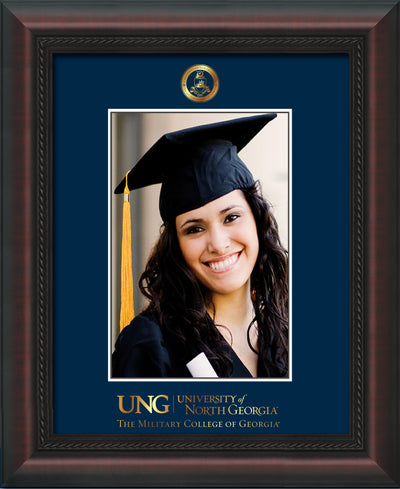 Image of University of North Georgia 5 x 7 Photo Frame - Mahogany Braid - w/Official Embossing of Military Seal & Military Wordmark - Single Navy mat