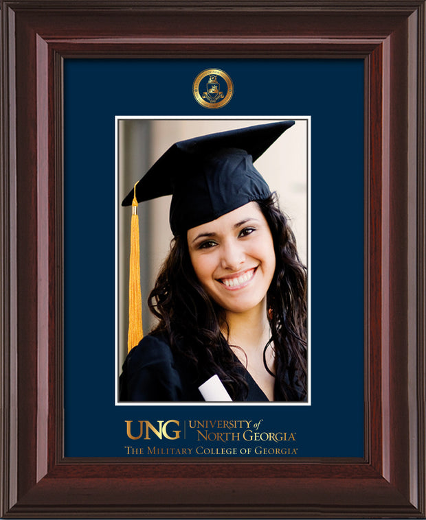 Image of University of North Georgia 5 x 7 Photo Frame - Mahogany Lacquer - w/Official Embossing of Military Seal & Military Wordmark - Single Navy mat