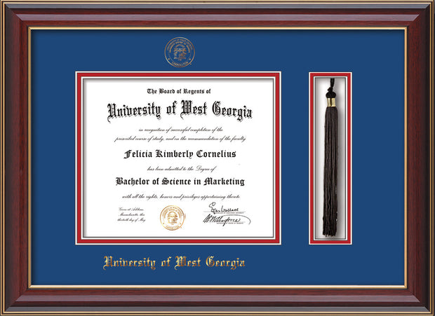 Image of University of West Georgia Diploma Frame - Cherry Lacquer - w/UWG Embossed Seal & Name - Tassel Holder - Royal Blue on Crimson mat