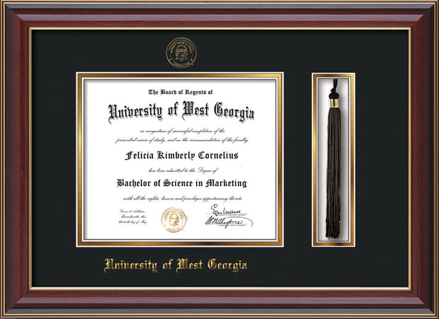 Image of University of West Georgia Diploma Frame - Cherry Lacquer - w/UWG Embossed Seal & Name - Tassel Holder - Black on Gold mat