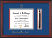 Image of University of West Georgia Diploma Frame - Cherry Reverse - w/UWG Embossed Seal & Name - Tassel Holder - Royal Blue on Crimson mat