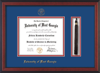 Image of University of West Georgia Diploma Frame - Cherry Reverse - w/UWG Embossed Seal & Name - Tassel Holder - Royal Blue on Crimson mat