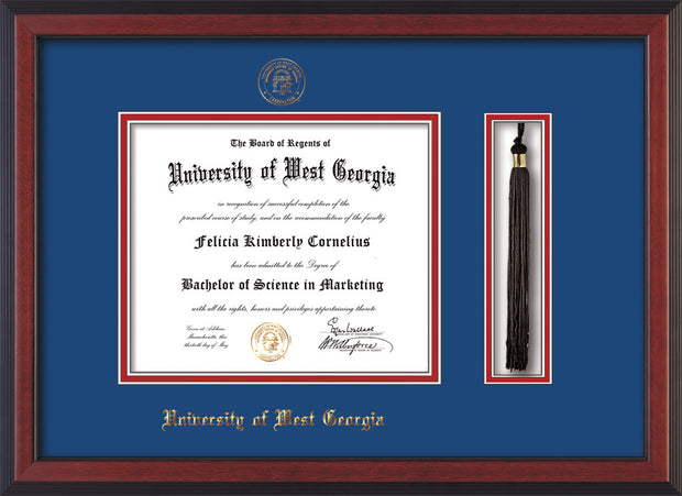 Image of University of West Georgia Diploma Frame - Cherry Reverse - w/UWG Embossed Seal & Name - Tassel Holder - Royal Blue on Crimson mat