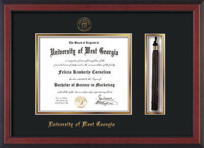 Image of University of West Georgia Diploma Frame - Cherry Reverse - w/UWG Embossed Seal & Name - Tassel Holder - Black on Gold mat