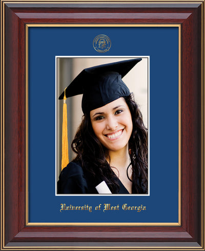 Image of University of West Georgia 5 x 7 Photo Frame - Cherry Lacquer - w/Official Embossing of UWG Seal & Name - Single Royal Blue mat