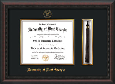 Image of University of West Georgia Diploma Frame - Mahogany Braid - w/UWG Embossed Seal & Name - Tassel Holder - Black on Gold mat