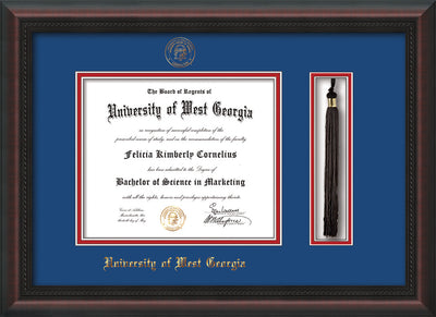 Image of University of West Georgia Diploma Frame - Mahogany Braid - w/UWG Embossed Seal & Name - Tassel Holder - Royal Blue on Crimson mat