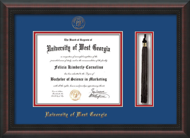 Image of University of West Georgia Diploma Frame - Mahogany Braid - w/UWG Embossed Seal & Name - Tassel Holder - Royal Blue on Crimson mat