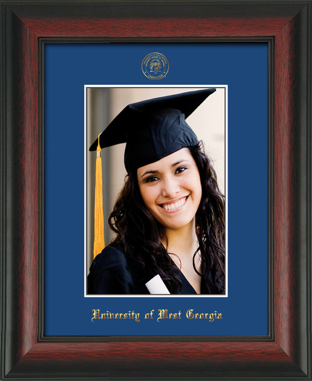 Image of University of West Georgia 5 x 7 Photo Frame - Rosewood - w/Official Embossing of UWG Seal & Name - Single Royal Blue mat