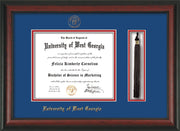 Image of University of West Georgia Diploma Frame - Rosewood - w/UWG Embossed Seal & Name - Tassel Holder - Royal Blue on Crimson mat