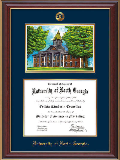 Image of University of North Georgia Diploma Frame - Cherry Lacquer - w/Embossed UNG Seal & Name - Campus Watercolor - Navy on Gold mat