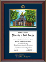 Image of University of North Georgia Diploma Frame - Cherry Lacquer - w/Embossed UNG Seal & Wordmark - Campus Watercolor - Navy on Gold mat