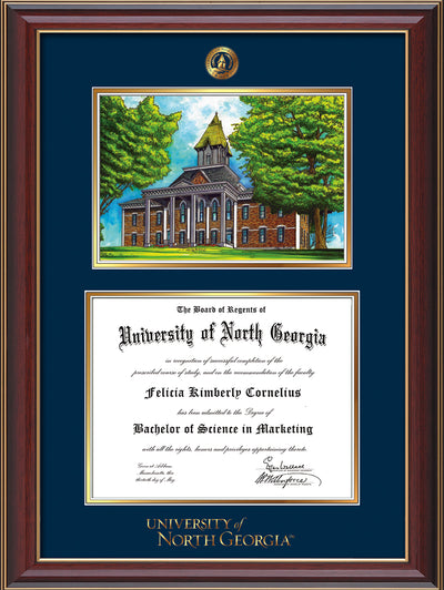 Image of University of North Georgia Diploma Frame - Cherry Lacquer - w/Embossed UNG Seal & Wordmark - Campus Watercolor - Navy on Gold mat