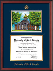 Image of University of North Georgia Diploma Frame - Cherry Reverse - w/Embossed UNG Seal & Name - Campus Watercolor - Navy on Gold mat