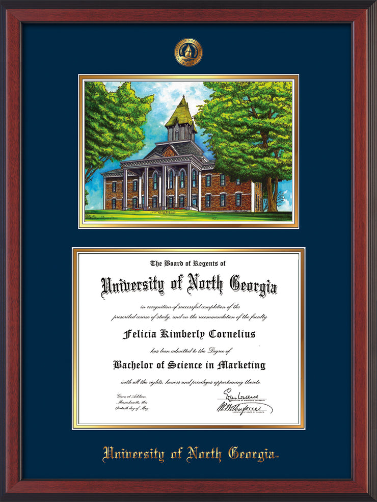 Image of University of North Georgia Diploma Frame - Cherry Reverse - w/Embossed UNG Seal & Name - Campus Watercolor - Navy on Gold mat