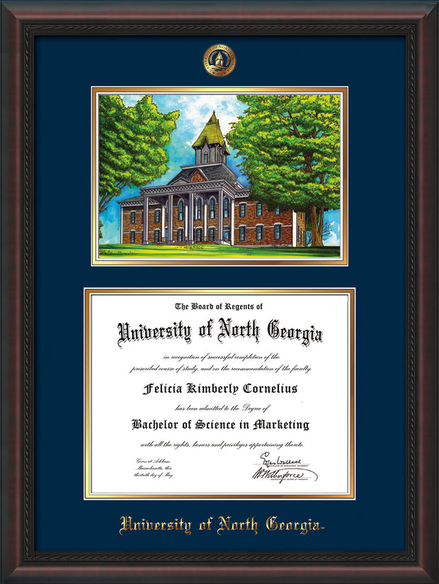 Image of University of North Georgia Diploma Frame - Mahogany Braid - w/Embossed UNG Seal & Name - Campus Watercolor - Navy on Gold mat