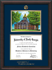 Image of University of North Georgia Diploma Frame - Mahogany Braid - w/Embossed UNG Seal & Wordmark - Campus Watercolor - Navy on Gold mat
