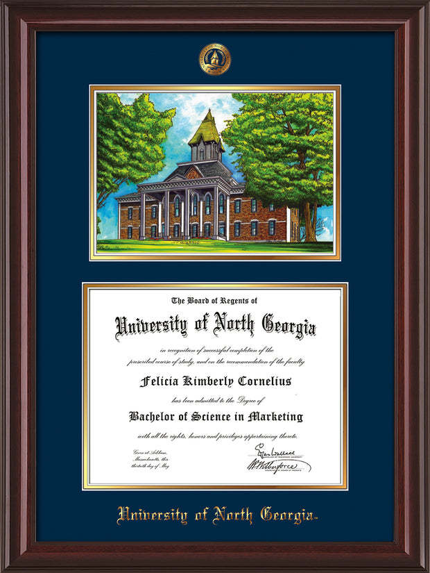 Image of University of North Georgia Diploma Frame - Mahogany Lacquer - w/Embossed UNG Seal & Name - Campus Watercolor - Navy on Gold mat