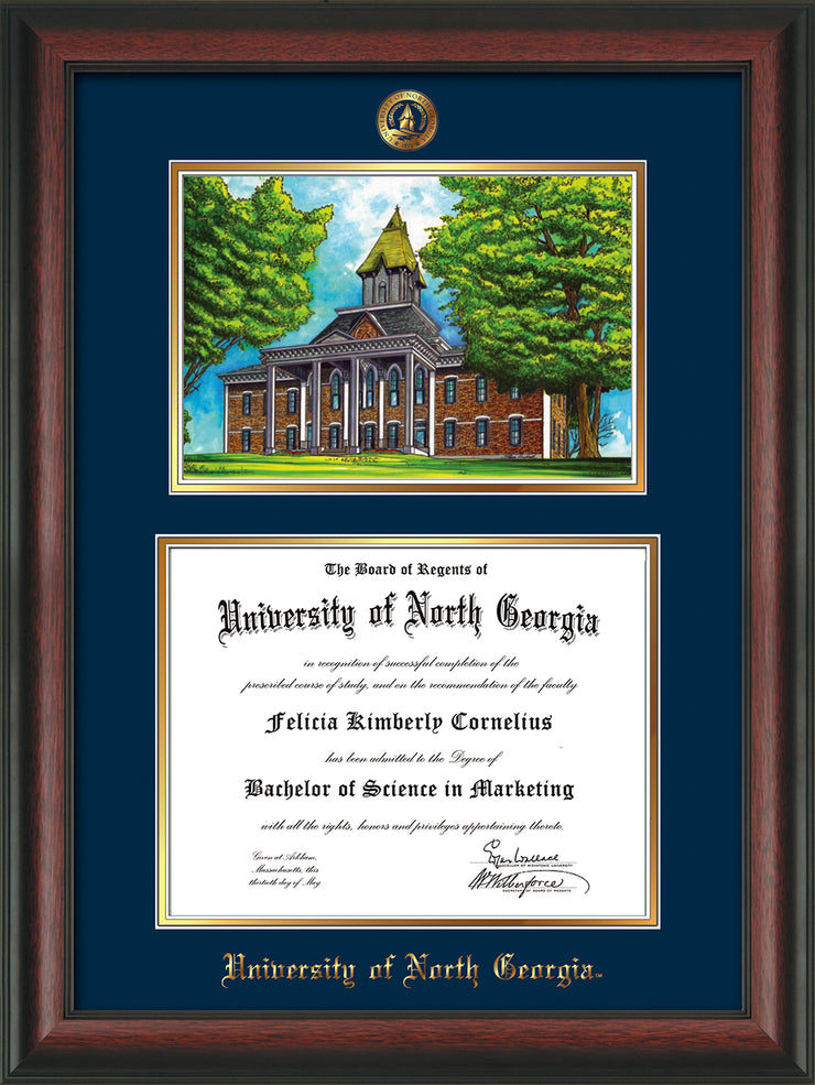Image of University of North Georgia Diploma Frame - Rosewood - w/Embossed UNG Seal & Name - Campus Watercolor - Navy on Gold mat